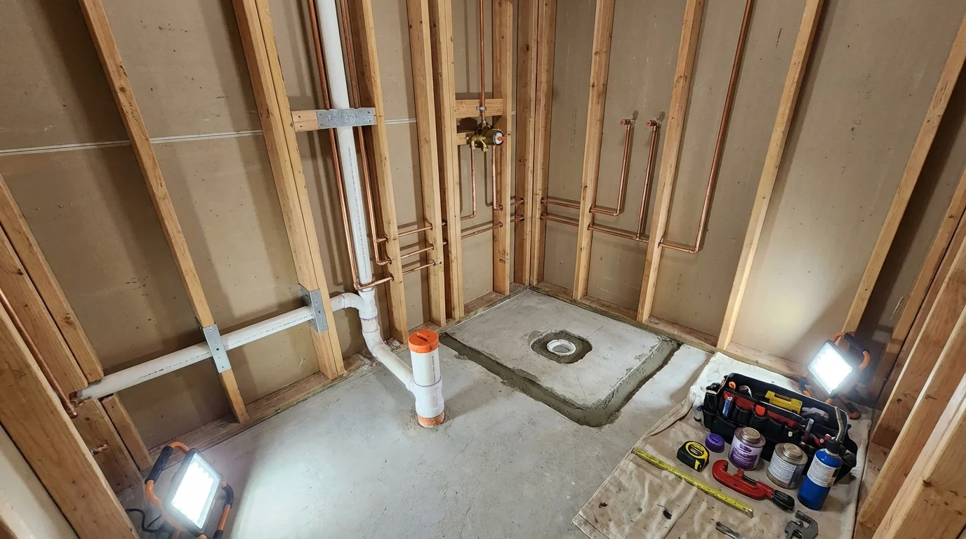 Bathroom rough-in plumbing during remodel by Johns Plumbing LLC in Lonaconing