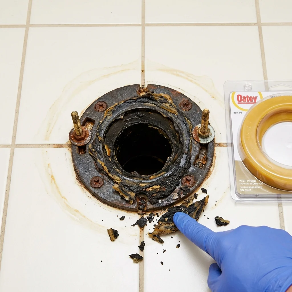 Failed wax ring showing water seepage at the base of a toilet in a Lonaconing, MD home