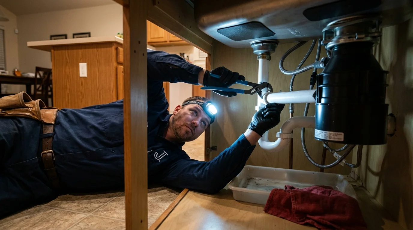 P-trap and supply line connections under a kitchen sink showing a common leak point in Lonaconing, MD